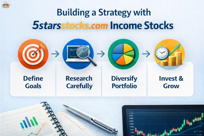 5starsstocks.com Income Stocks strategy infographic showing goals, research, diversification, and long-term growth.