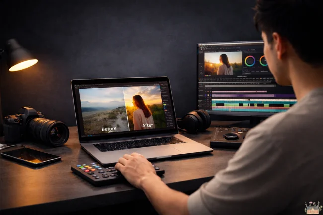 AaryaEditz org professional photo and video editing workspace with editor at work.