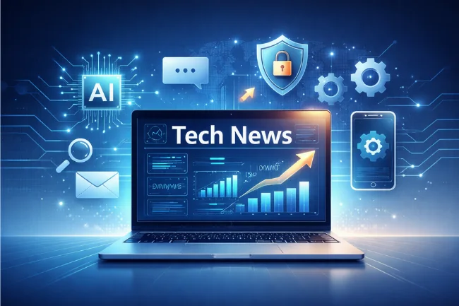 tech ehla com technology news and digital trends illustration showing AI, cybersecurity, and software updates.