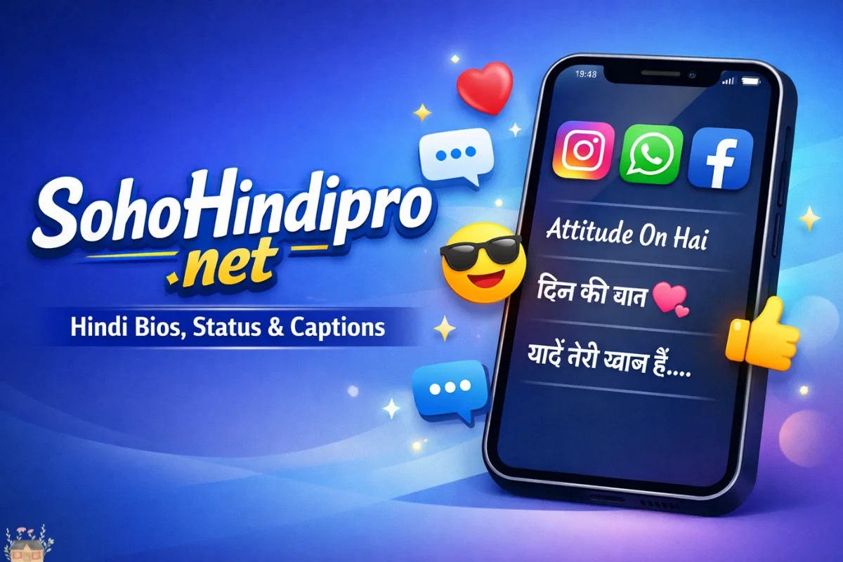 SohoHindipro net featured image showing Hindi social media bios, status and captions on a smartphone.