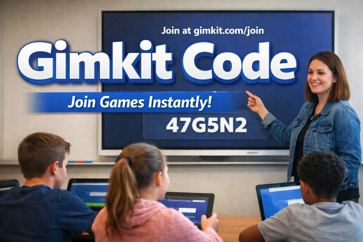 Gimkit Code displayed on classroom screen as students join an interactive learning game.