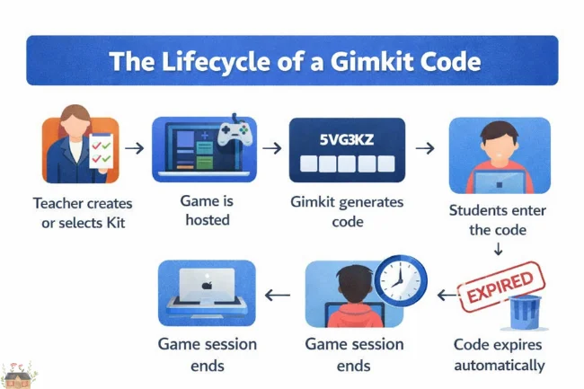 Gimkit Code lifecycle showing how a game is created, joined, and expires.
