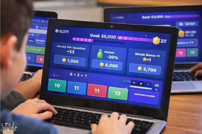 Students earning virtual rewards in a Gimkit game after joining with a Gimkit Code.