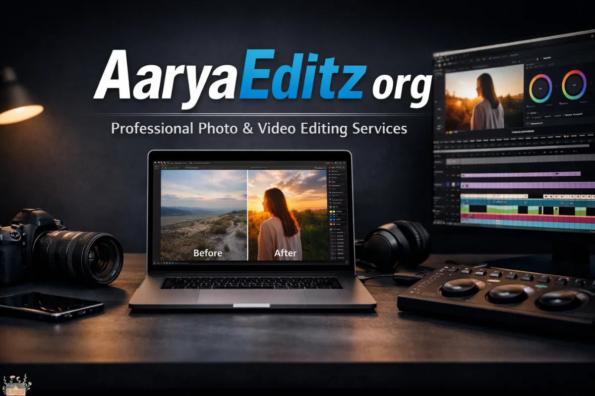 AaryaEditz org professional photo and video editing workspace with before and after visuals.