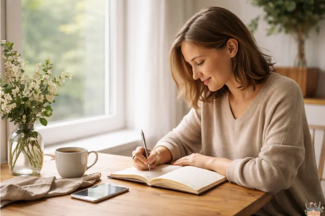 Poieno mindset in action as a person journals intentionally in a calm, mindful home setting.