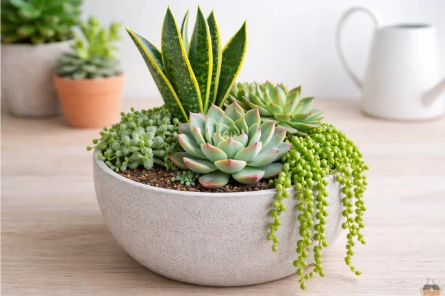 Suçculent arrangement using thriller filler spiller design with rosette, upright, and trailing plants in one pot.