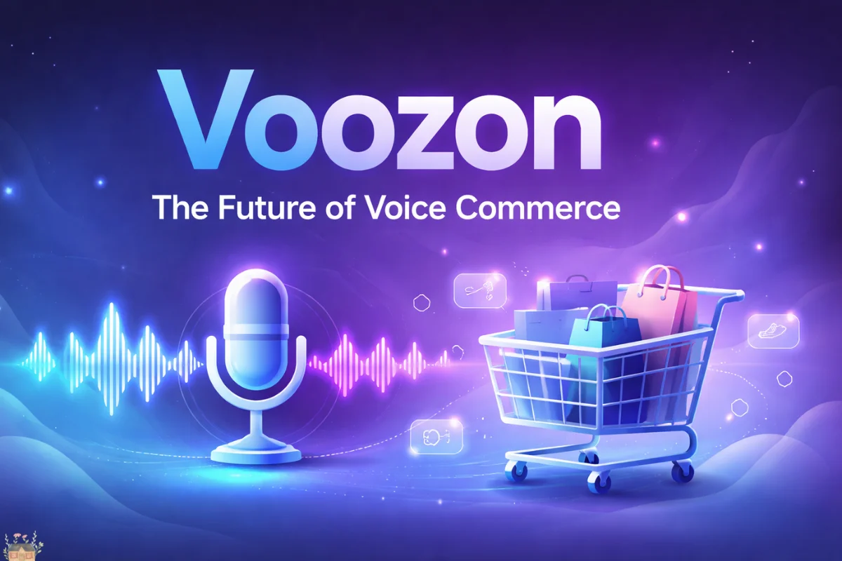 Voozon voice commerce concept showing AI-powered voice search, microphone waveform, and smart eCommerce shopping cart.