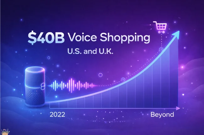 Voozon data graphic showing rapid growth of voice shopping with smart speaker, voice waveform, and rising sales chart.