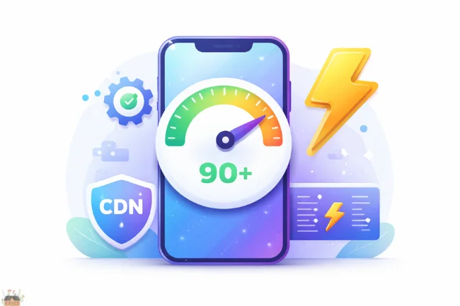 Voozon technical optimization showing mobile page speed score, CDN security, and performance improvements.