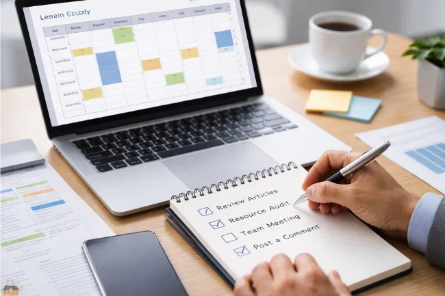 CNLawBlog workflow image showing legal professional planning tasks, reviewing articles, and managing resources.
