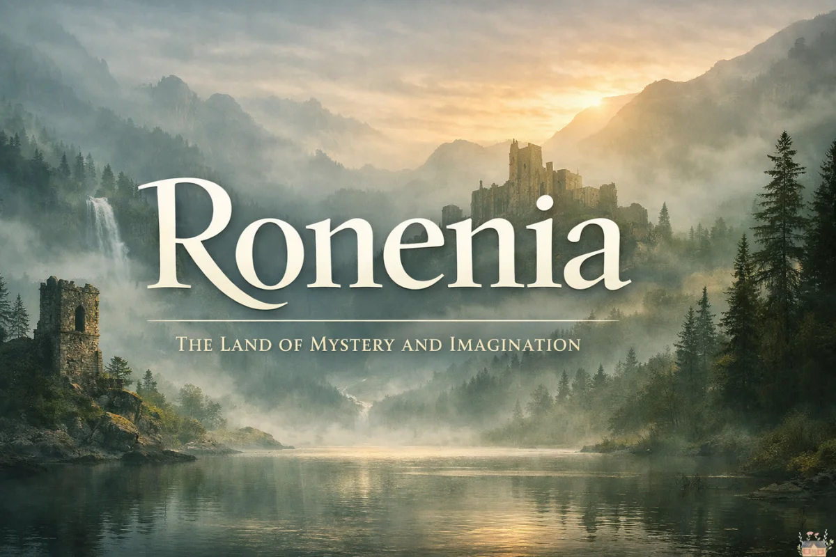 Ronenia fictional nation concept shown as a misty fantasy landscape with ancient ruins and symbolic geography.
