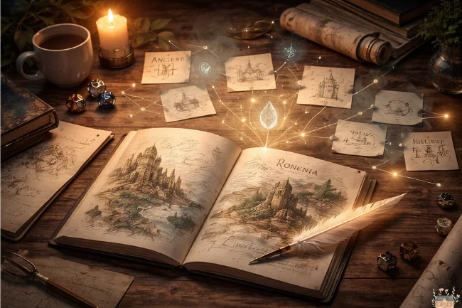 Ronenia worldbuilding concept shown through a creative workspace with maps, notes, and imaginative symbols.