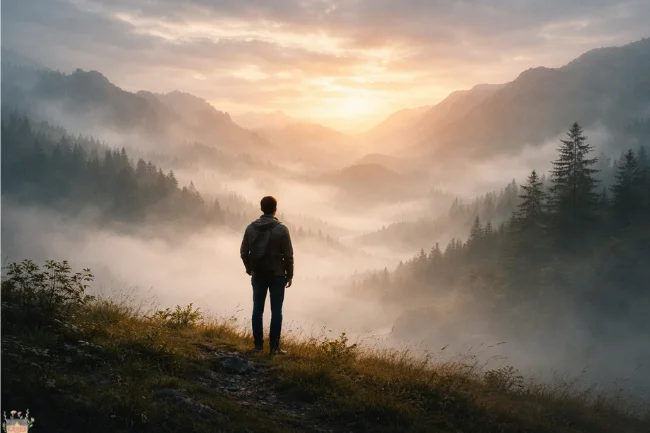 Ronenia as a symbolic landscape showing a lone figure choosing identity and meaning beyond borders.