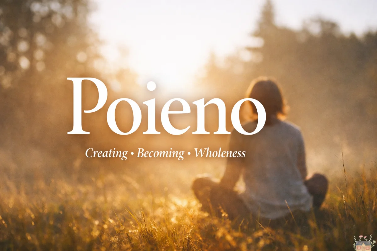 Poieno philosophy of intentional creation, becoming, and wholeness in a calm natural setting.
