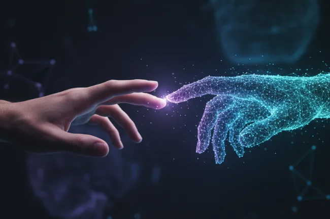 Seekde concept showing a human hand and a digital hand made of glowing network lines reaching toward each other, symbolizing human-tech connection.