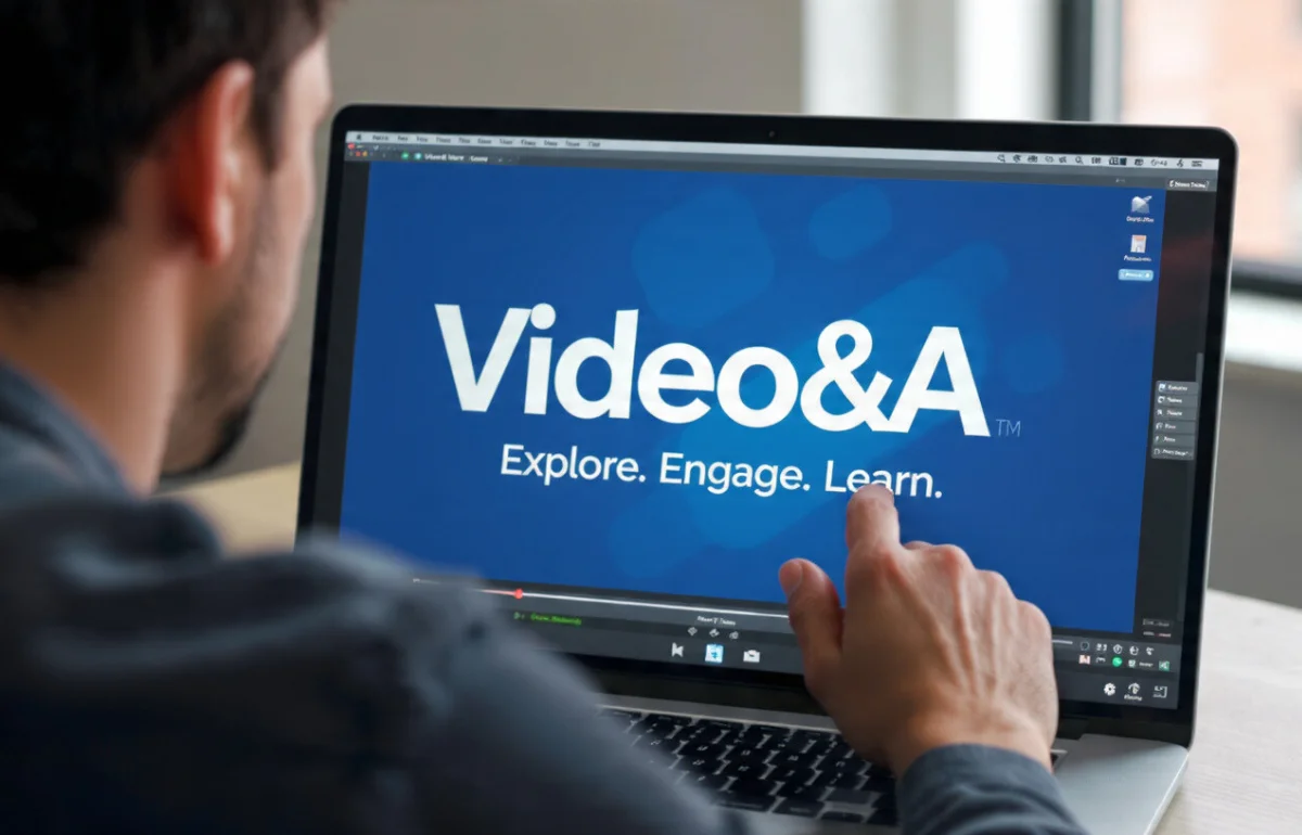 video&a: A person interacting with a video screen showcasing interactive content with the 'Explore. Engage. Learn.' message.