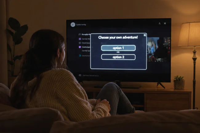 video&a: A person choosing an option in an interactive 'Choose Your Own Adventure' TV show on a streaming platform.