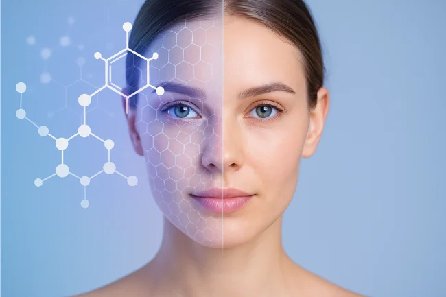 Half human face illustrating Cellulogia in cosmetics—one side natural skin, the other side showing cellular and molecular overlays in soft blue tones.
