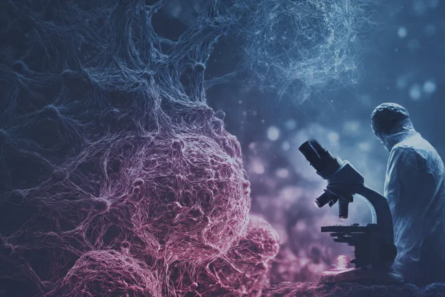 A scientist in a lab suit studies microscopic cellular structures under a microscope, symbolizing challenges in cellular science and AI ethics.