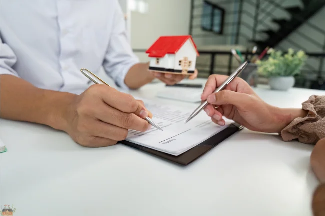 Mietmakler helping clients sign rental agreement with a model house on the table.