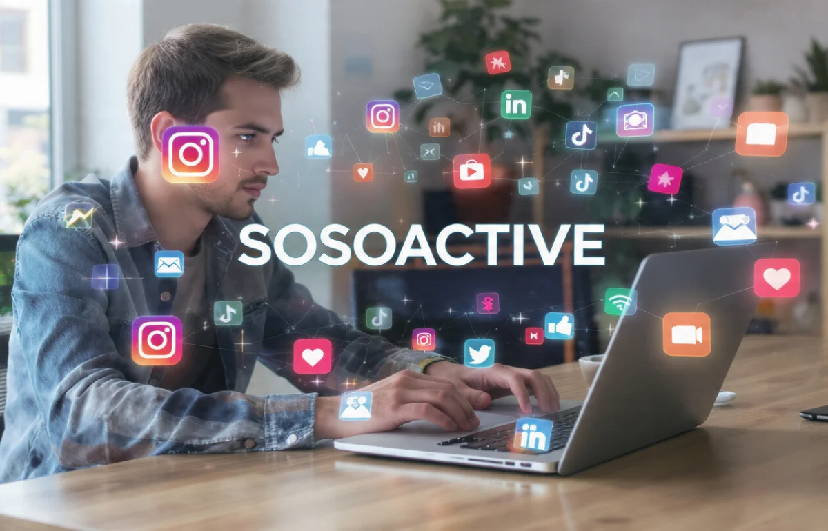 Person actively engaging on a laptop with multiple social media icons floating around, representing the Sosoactive digital lifestyle.
