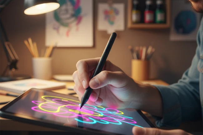 Kirby Dedo: Digital artist creating vibrant designs on a tablet, symbolizing creativity and precision.