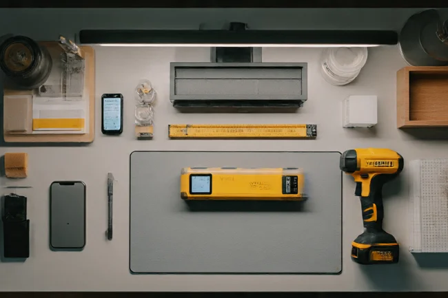 Workspace setup featuring the YELL51X-OUZ4 tool among various work essentials, including a phone, ruler, and drill, on a clean surface.