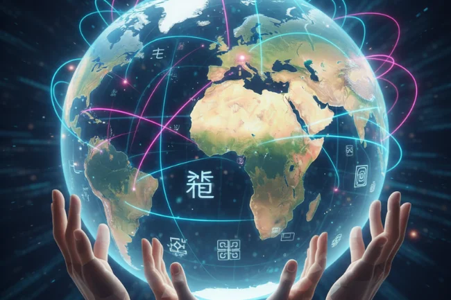Kirby Dedo: Global connection with a digital globe and cultural diversity, symbolizing interconnectedness.