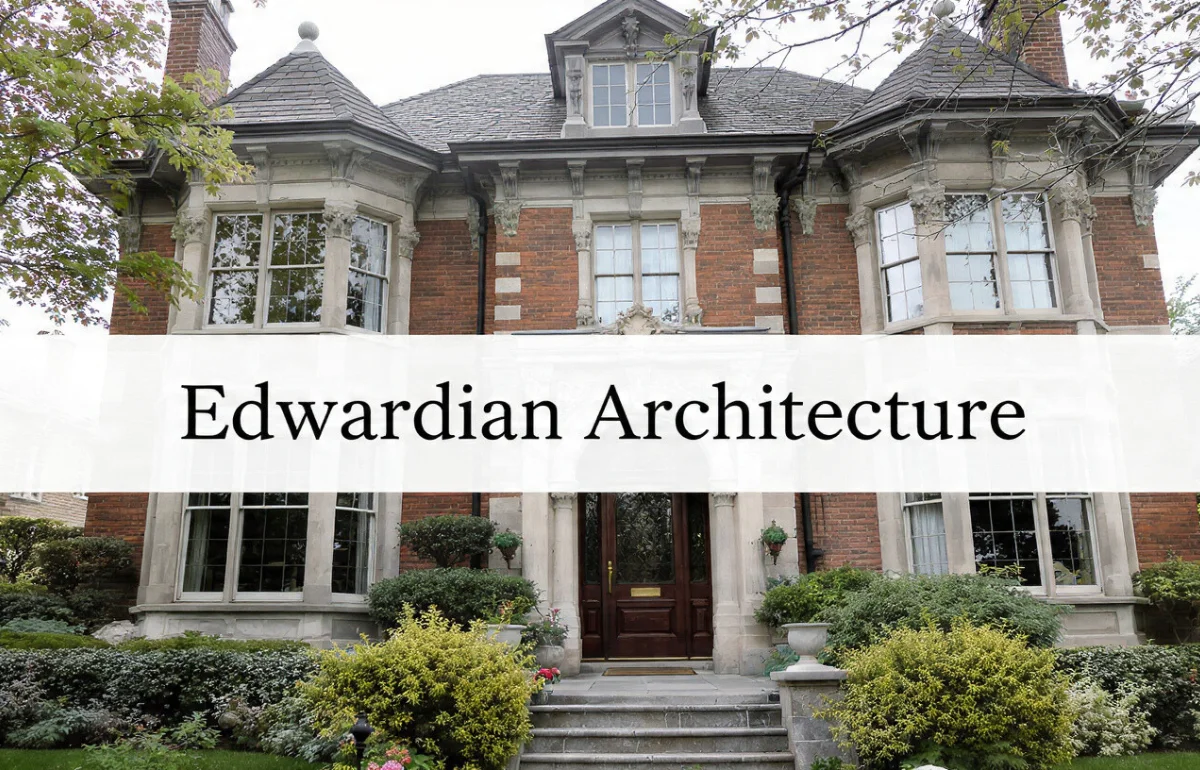 Edwardian architecture featuring a beautiful brick home with large windows and lush greenery.