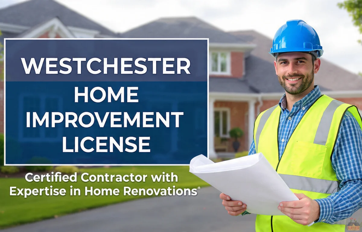 Contractor holding blueprints in front of a suburban home after earning a Westchester home improvement license.