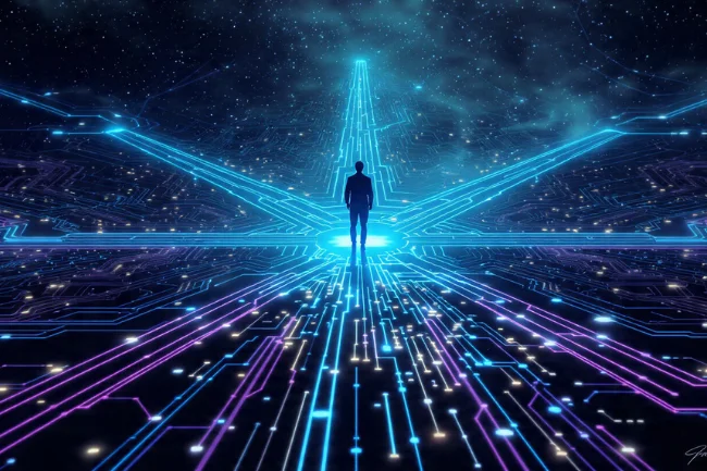 Seekde concept art showing a person standing at a glowing digital crossroads with blue and purple data paths, symbolizing innovation and balance.