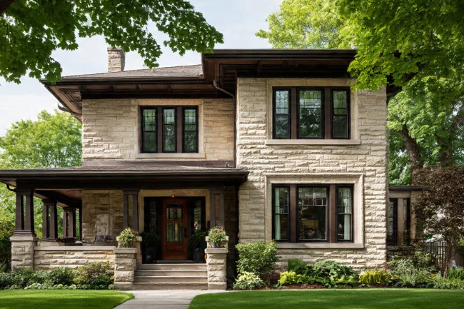 Edwardian architecture showcasing a beautiful house with stone exterior and large, evenly spaced windows.