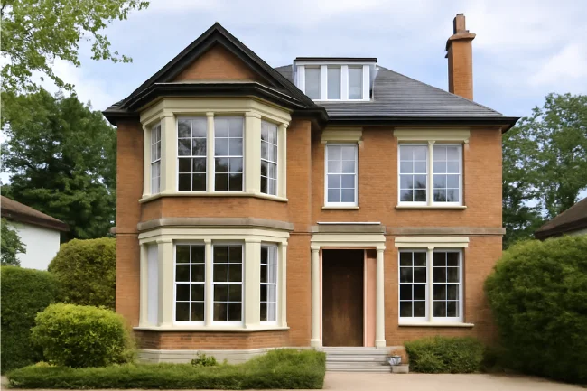 Edwardian architecture featuring a two-story red brick home with large bay windows and a symmetrical facade.