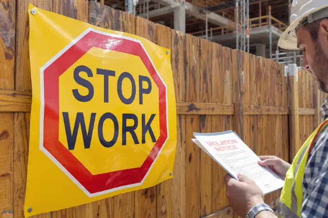 Contractor reading a violation notice at a construction site for working without a Westchester home improvement license.