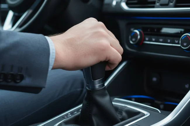 Switching 2nd: A close-up of a hand shifting the car's gear lever from 1st to 2nd gear, illustrating smooth transitions in driving.