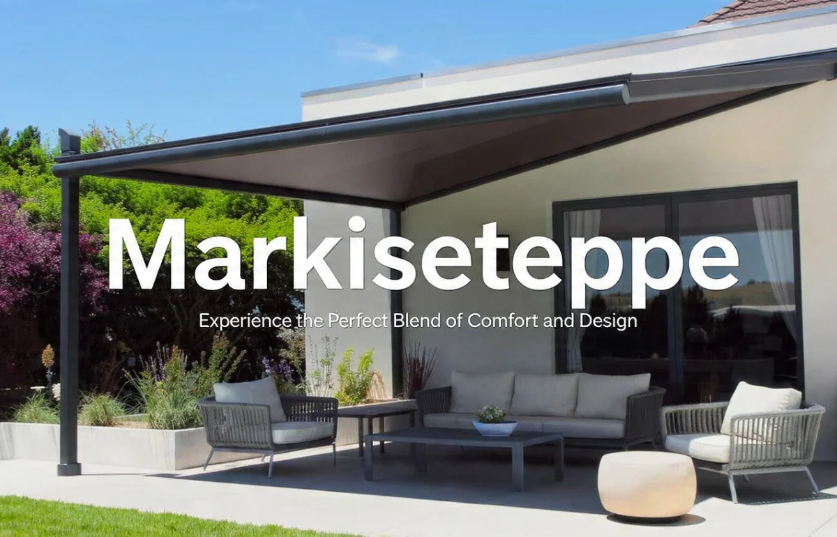 Modern outdoor patio with Markiseteppe awning providing shade and creating a stylish seating space on a balcony.