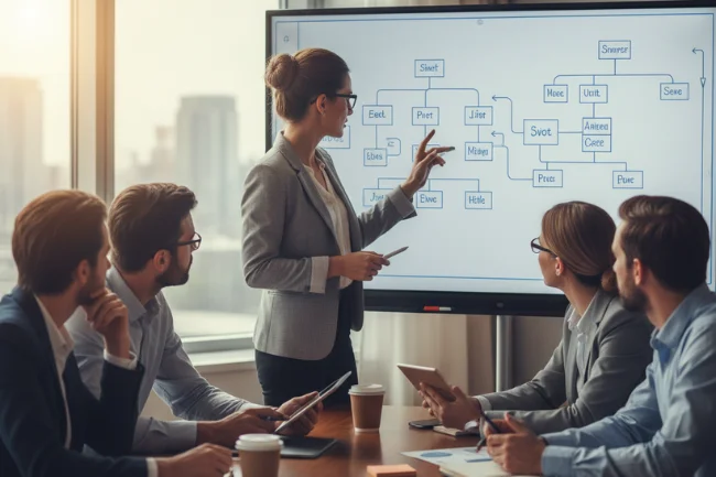 Switching 2nd: Business team adapting strategy in a meeting while discussing flowchart on screen.