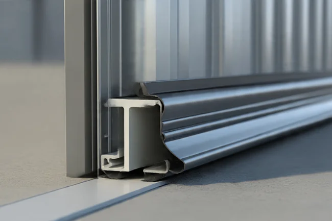 Garage door bottom seal types visible on a metal garage door, showing the T-style seal fitting into the groove.