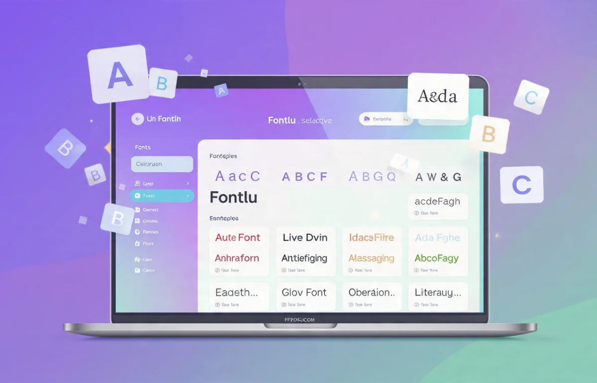 Fontlu font management interface on laptop screen with floating letters and gradient background in purple and blue tones.