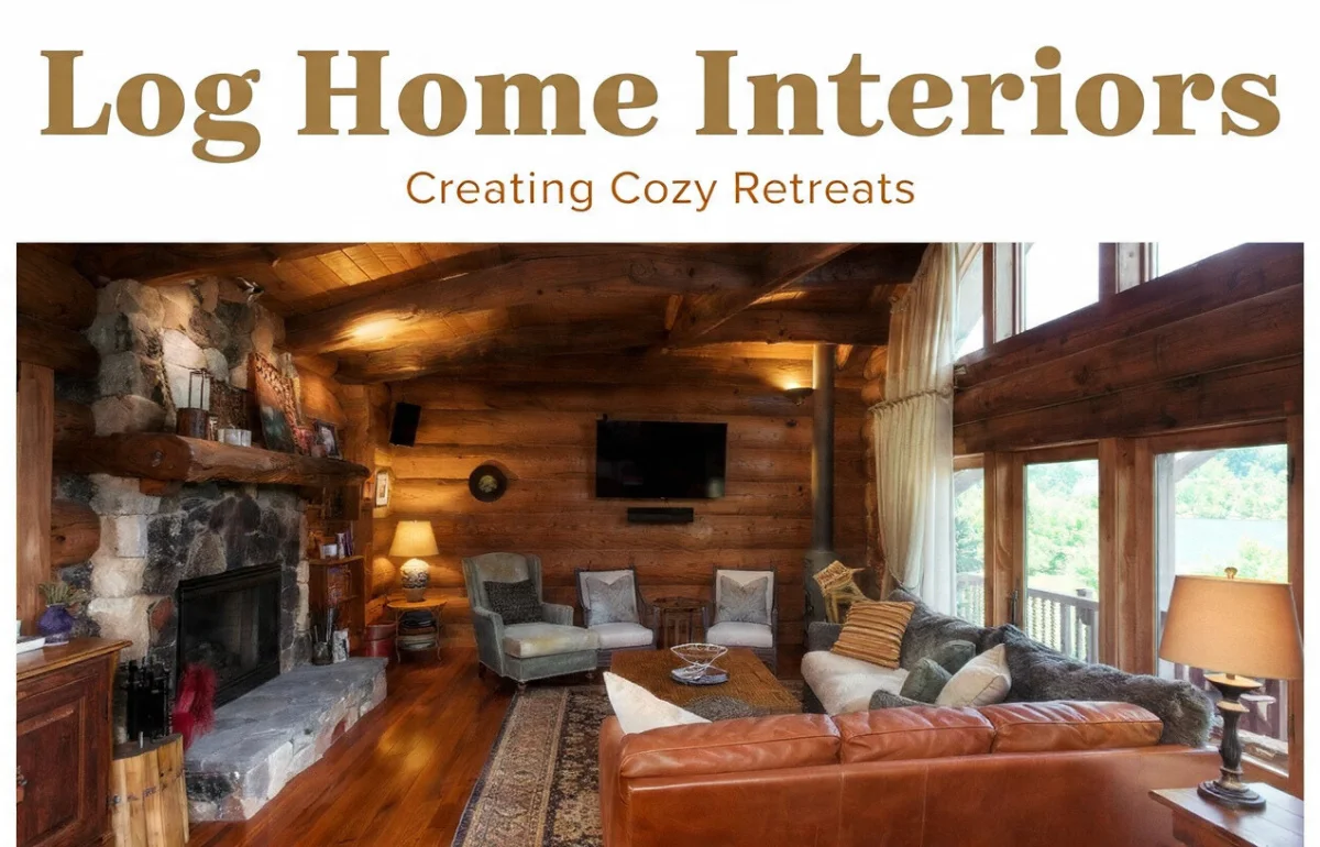 Log Home Interiors showcasing a cozy and rustic living room with a stone fireplace, leather seating, and large windows overlooking nature.