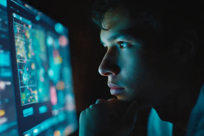 Trucofax – A gamer deeply analyzing charts on a glowing screen, focusing on smart decision-making and strategy improvement