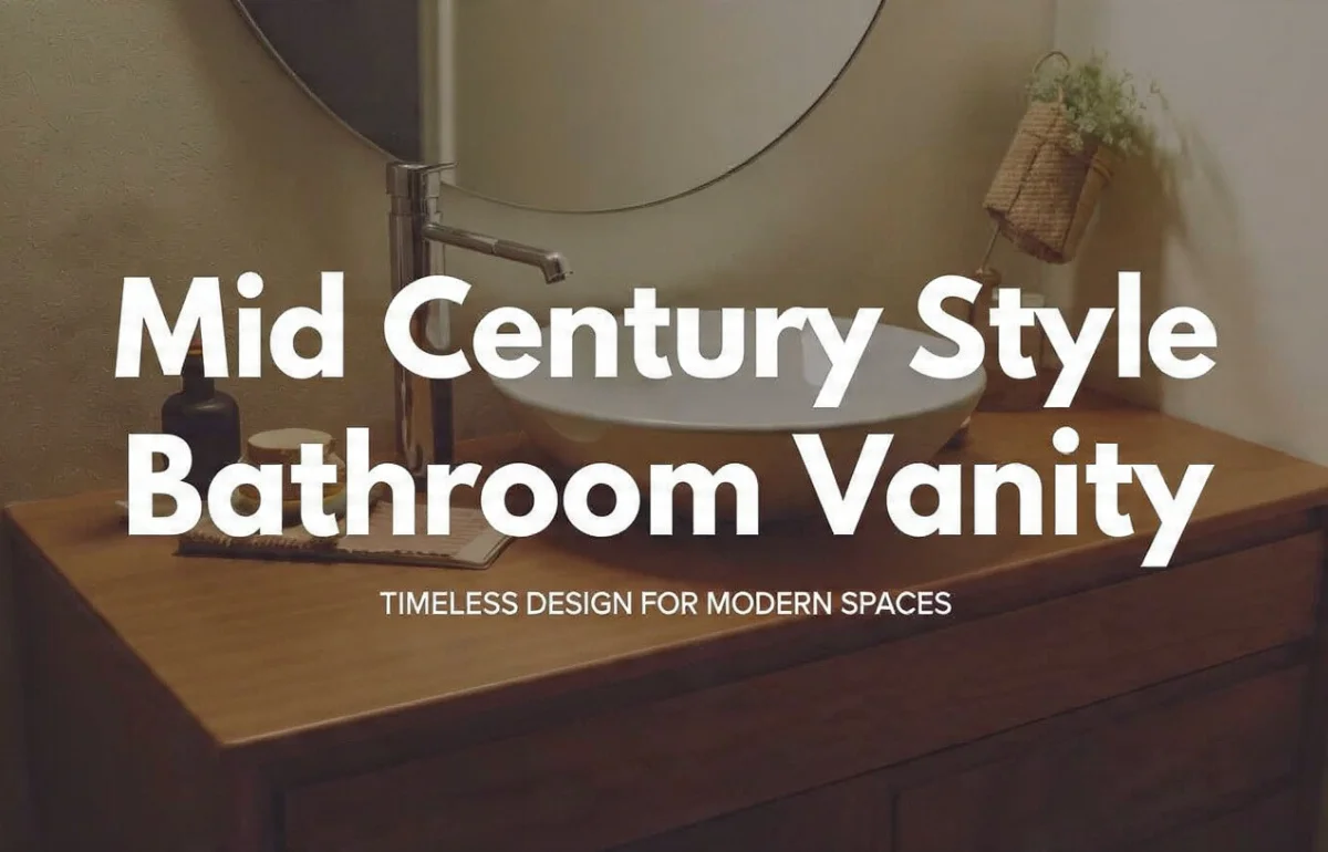 Mid century style bathroom vanity featuring a wooden countertop, round mirror, and modern minimalist décor for timeless interior design.