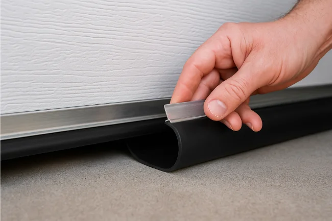 A person installing a vinyl seal with a metal retainer under a garage door, showing one of the garage door bottom seal types for weather protection.