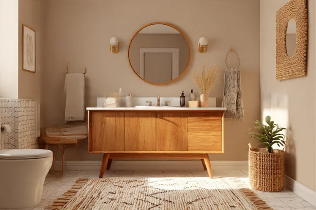 A warm, minimal bathroom featuring a wooden mid century style bathroom vanity with a round mirror, soft lighting, and boho accents.