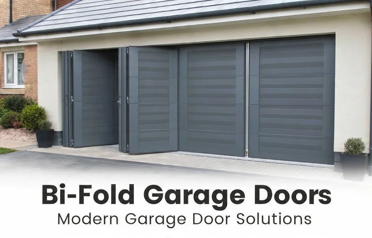 Modern gray bi-fold garage doors on a contemporary home exterior, showcasing stylish and space-saving design — bi-fold garage doors.