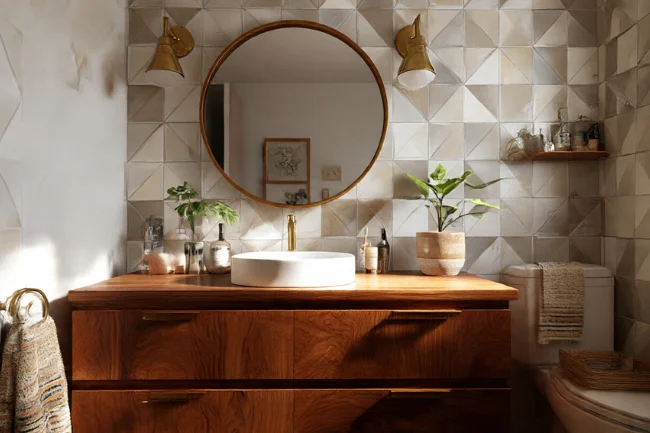 Mid century style bathroom vanity with a wooden cabinet, round mirror, brass fixtures, and geometric tiled wall creating a warm, modern look.