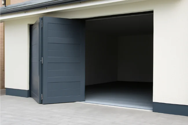 Bi-fold garage doors partially opened, showcasing modern design and space efficiency in a residential garage.