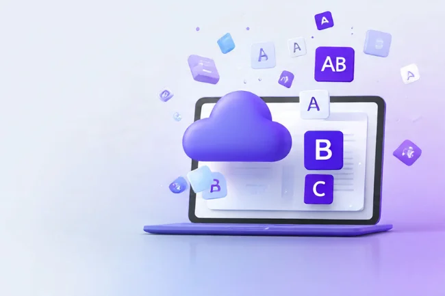 Fontlu cloud-based font management concept showing laptop with cloud and floating font icons in purple gradient theme.