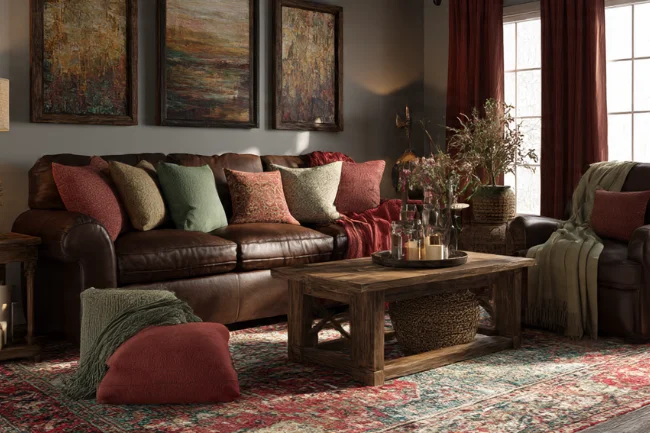 Log Home Interiors with warm, earthy colors featuring deep reds, greens, and browns in the cushions, rug, and wooden furniture, creating a cozy atmosphere.