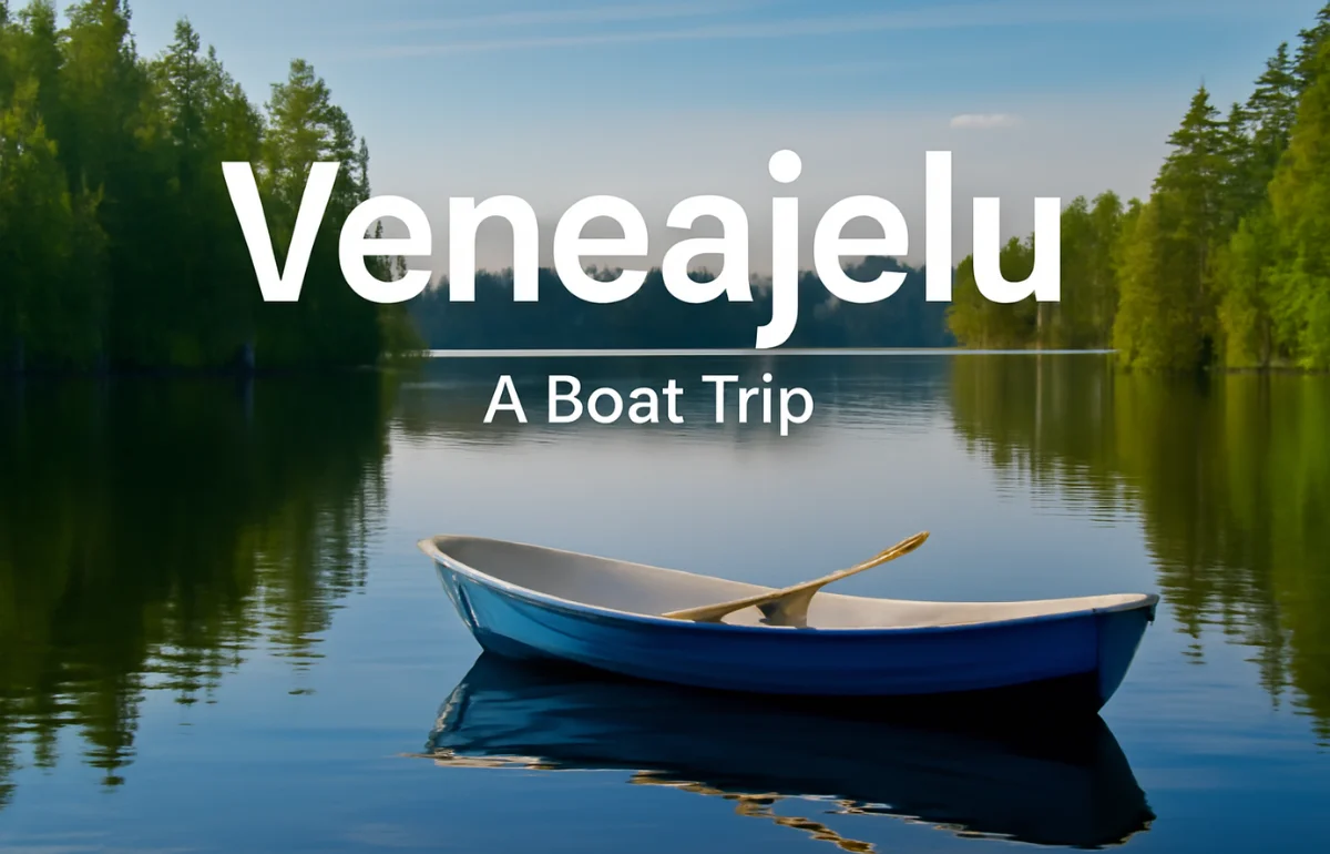 Veneajelu - A peaceful boat trip on a tranquil lake in Finland, with a small rowboat gently floating surrounded by lush green forests.